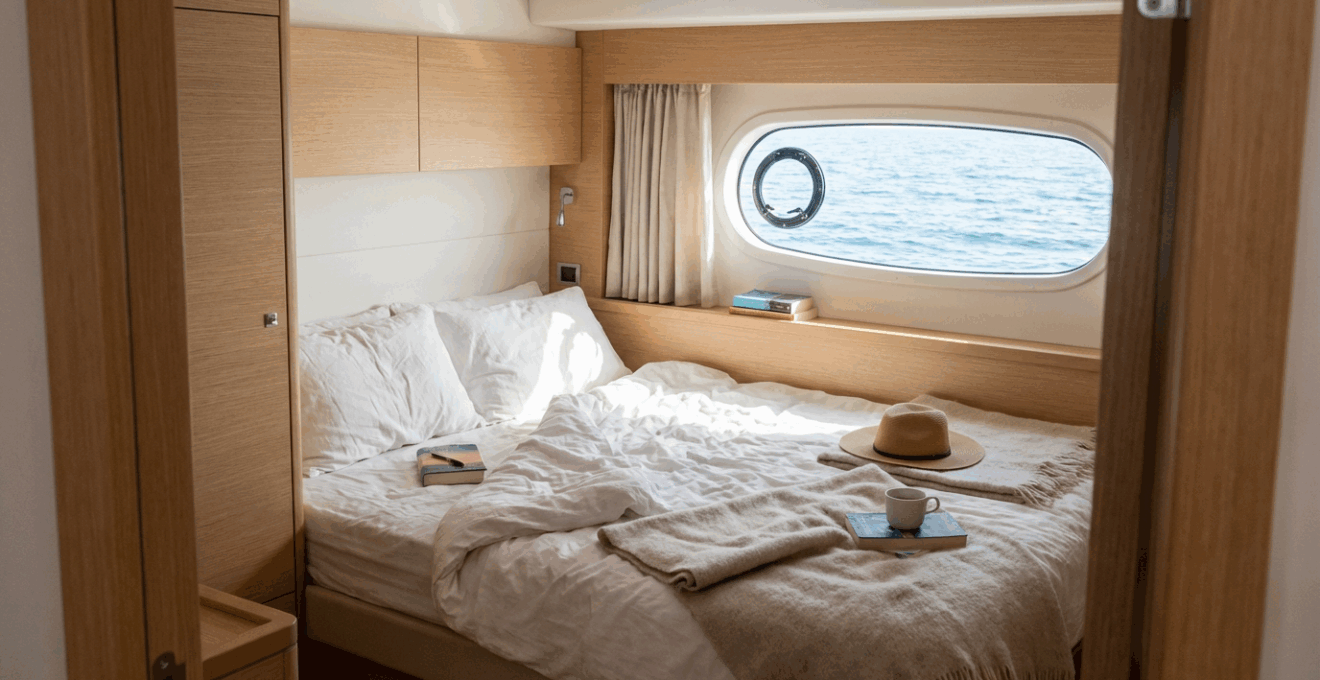 Cabine lumineuse de catamaran avec lit double et hublot donnant sur la mer