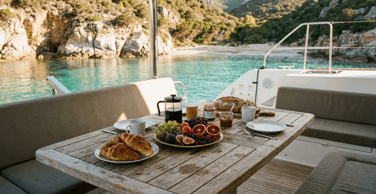 Petit-déjeuner servi sur le pont d'un catamaran avec vue sur une crique corse