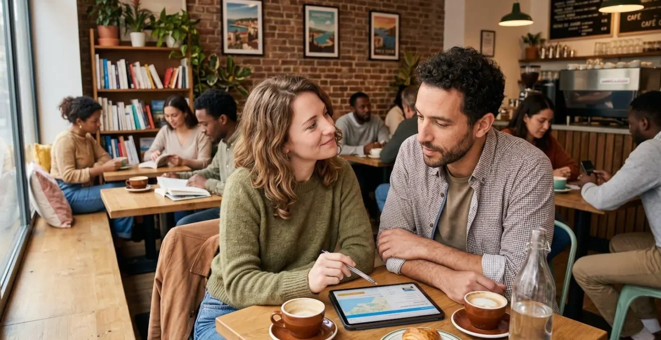 Couple en train de consulter ensemble des informations de voyage sur une tablette installés à une table de café lumineuse