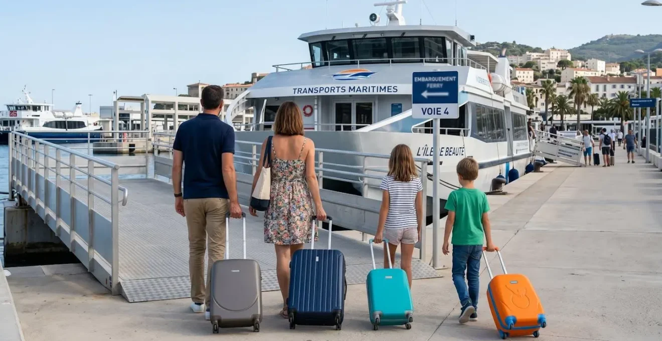 Famille de quatre personnes vue de dos embarquant sur un ferry avec bagages en main dans un port méditerranéen