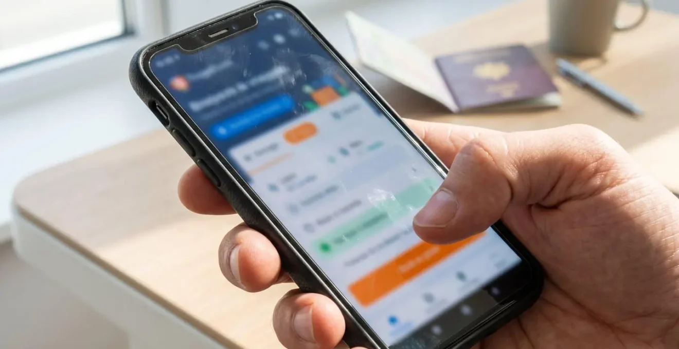 Gros plan sur une main tenant un smartphone en train de consulter des options de réservation avec écran totalement flouté