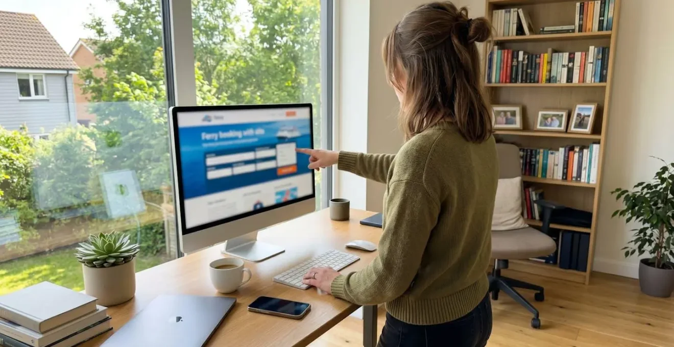 Vue de dos d'une personne devant un écran d'ordinateur affichant un site de réservation de ferry avec interface floue, dans un bureau moderne lumineux