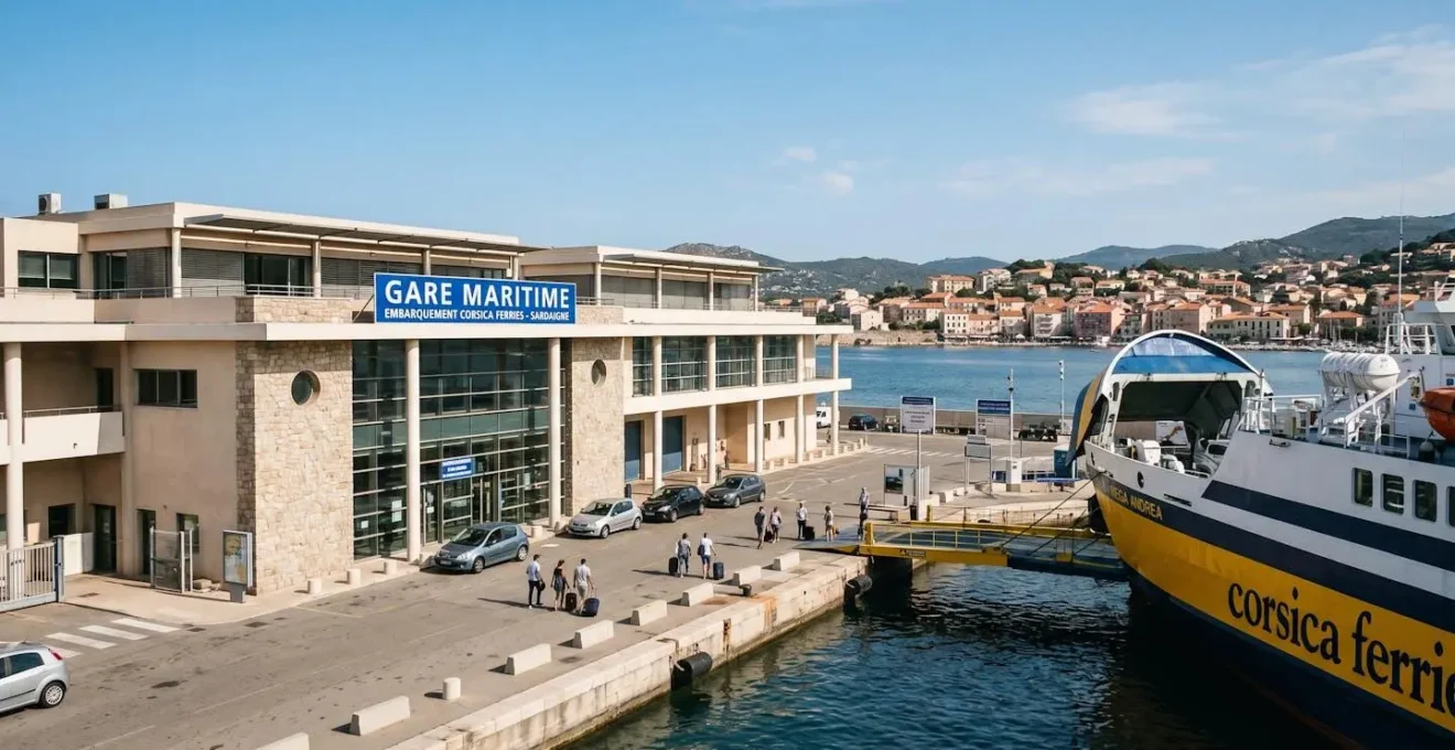 Vue large d'un port méditerranéen moderne avec un ferry à quai et le terminal passagers sous un ciel bleu lumineux