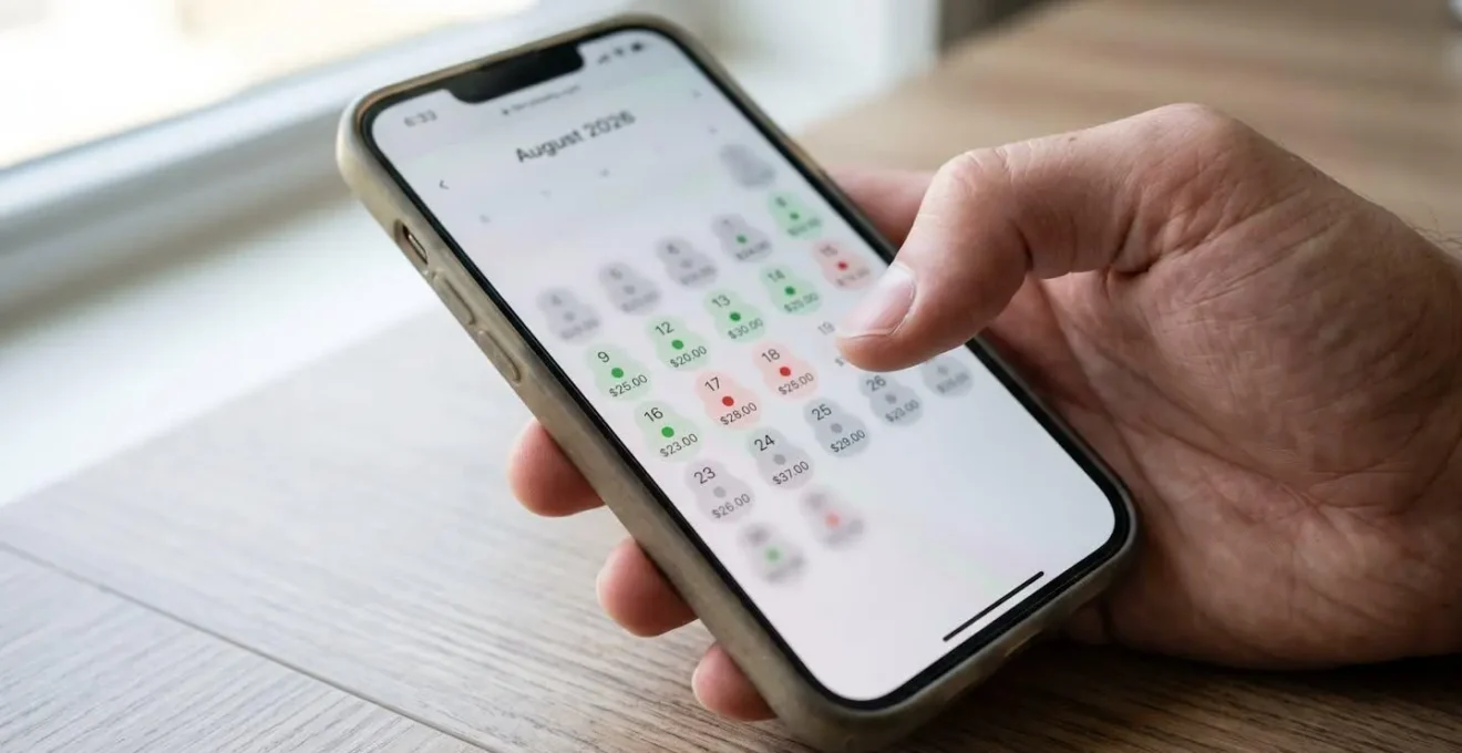 Gros plan d'un écran de smartphone affichant un calendrier de réservation avec des dates et tarifs floutés, tenu dans une main