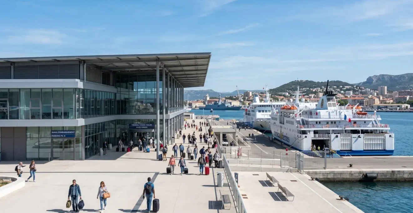 Terminal ferry moderne du port de Toulon baignant dans la lumière méditerranéenne avec navires à quai